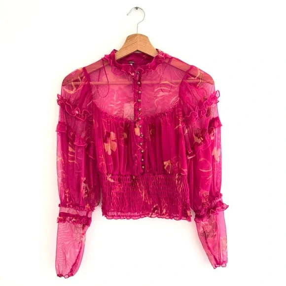 Free People Time For Shine Pink Puff Mesh Smocked long Sleeve Crop Blouse Small - Picture 2 of 7